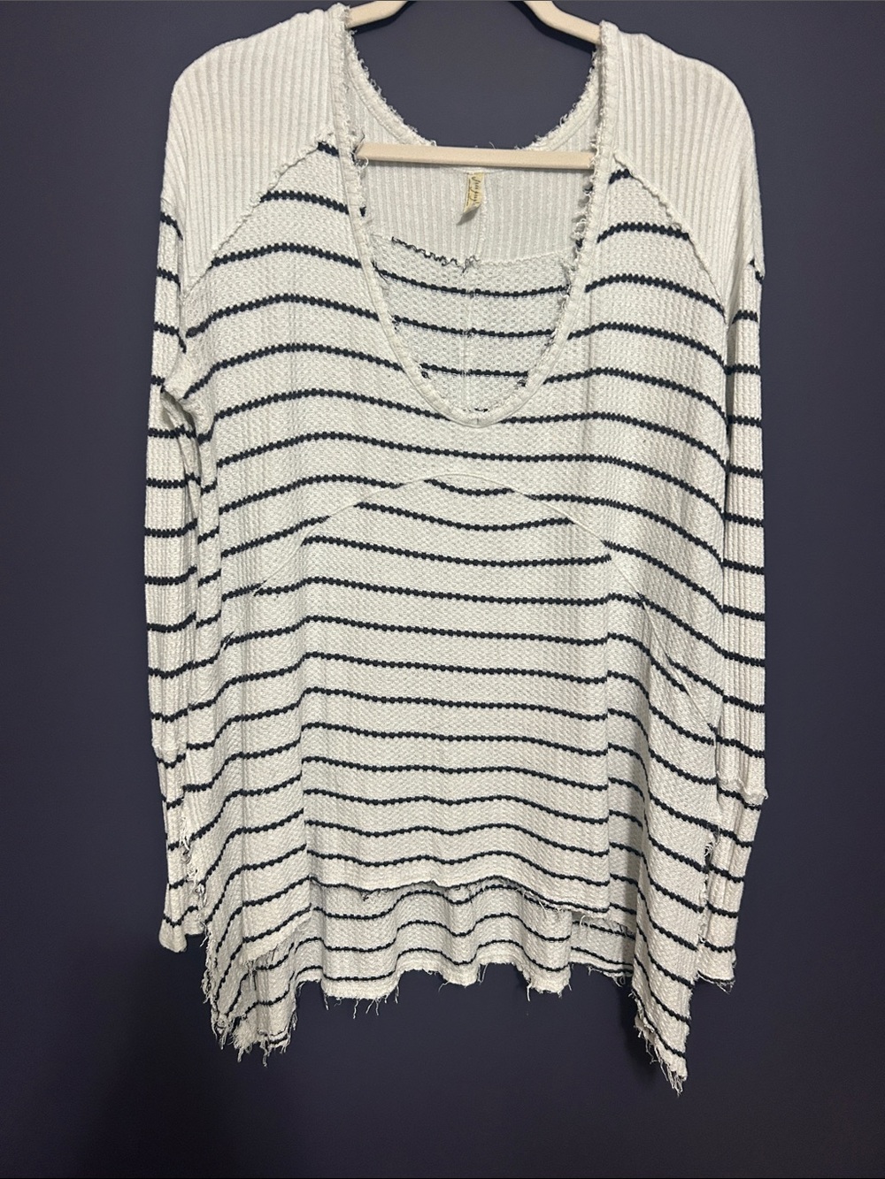 Free People White and Black Striped Waffle-Knit Hoodie